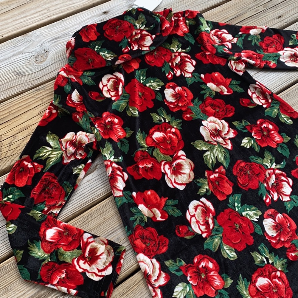 Vintage Floral Velvet Turtleneck Long Sleeve Dress - Picture 3 of 6